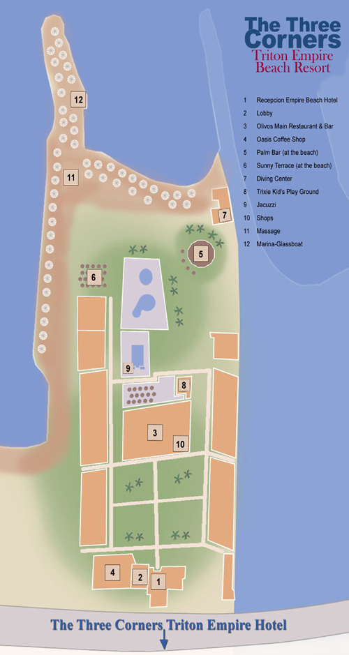 Карта отеля Three Corners Triton Empire Beach Resort 3* (Фри Корнерс Тритон Эмпайр Бич Резорт 3*) Фото отеля Three Corners Triton Empire Beach Resort 3* (Фри Корнерс Тритон Эмпайр Бич Резорт 3*)